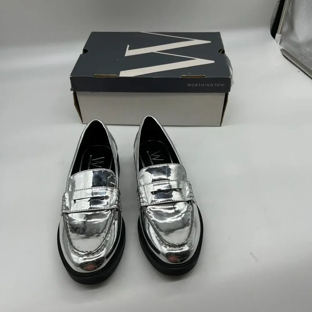 Worthington Ellen Womens Round Closed Toe Loafers Silver Size 6M